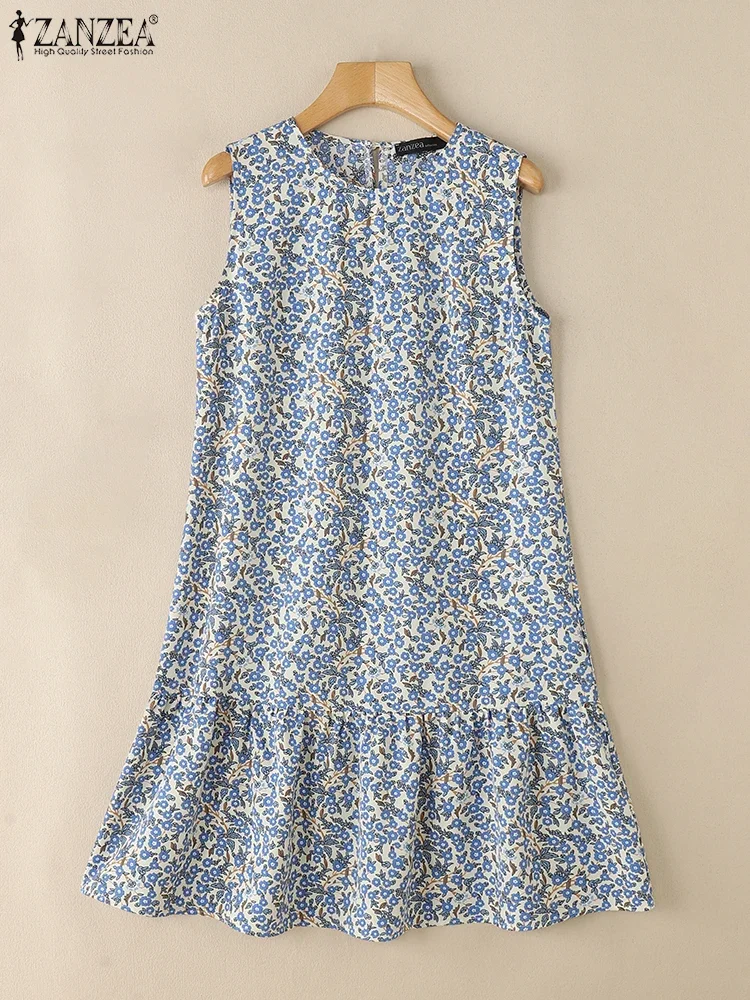 ZANZEA สตรี Casual Ditsy ดอกไม้พิมพ์เข่าความยาวชุดแฟชั่น O-คอแขนกุด Ruffled Hem Robes Femme ฤดูร้อน Sundress
