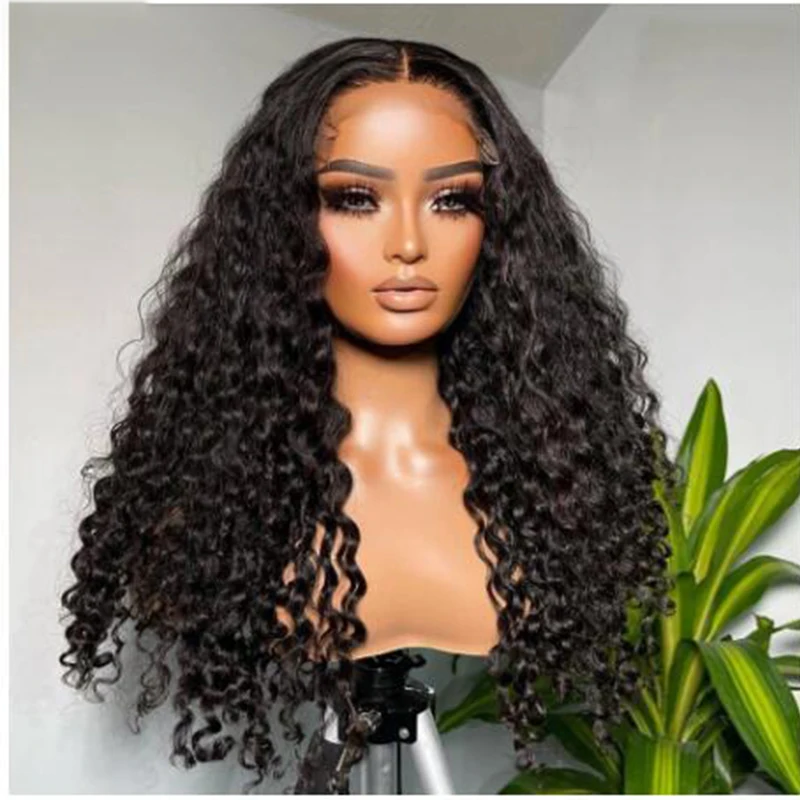 Natural Black 180Density Soft 26“ Long Glueless Kinky curly Lace Front Wig For Women BabyHair Preplucked Heat Resistant Daily
