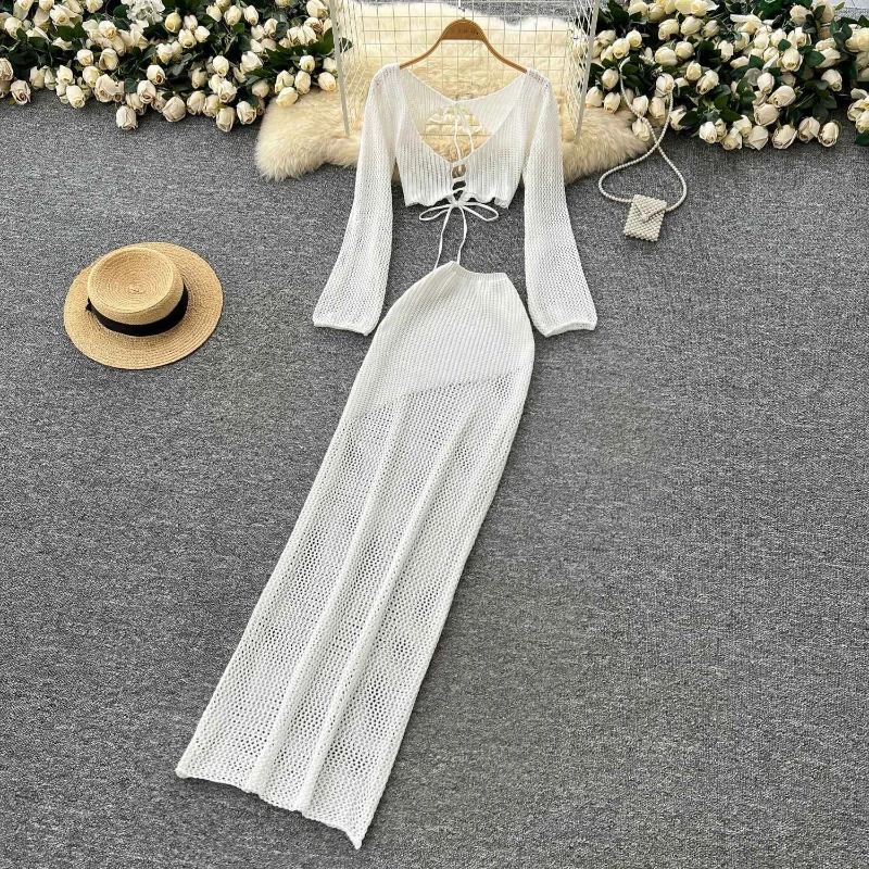 

Vacation style white knitted two piece set women beach bikini lace-up waist cinched hollow out long sleeved shirt+half skirt