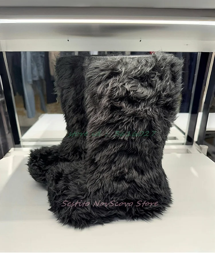 

Thick Bottom Fake Fur Mid Calf Boots Winter Warm Round Toe Furry Short Boots Hot Girl Slip On Daily Dress Party Punk Shoes