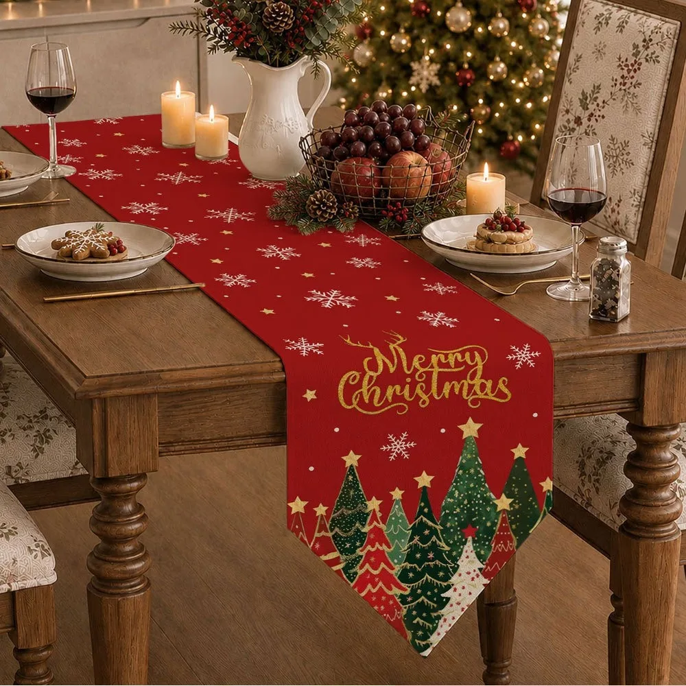 American Style Christmas Table Runner Soft Fabric Vintage Printed Xmas Table Flag Easy To Maintain Nice Draping Effect