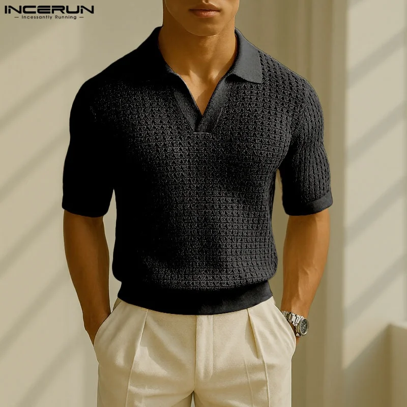 

Men Shirt Solid Color Hollow Out Short Sleeve Casual Men Clothing Summer 2025 See Through Fashion Male Shirts INCERUN Streetwear