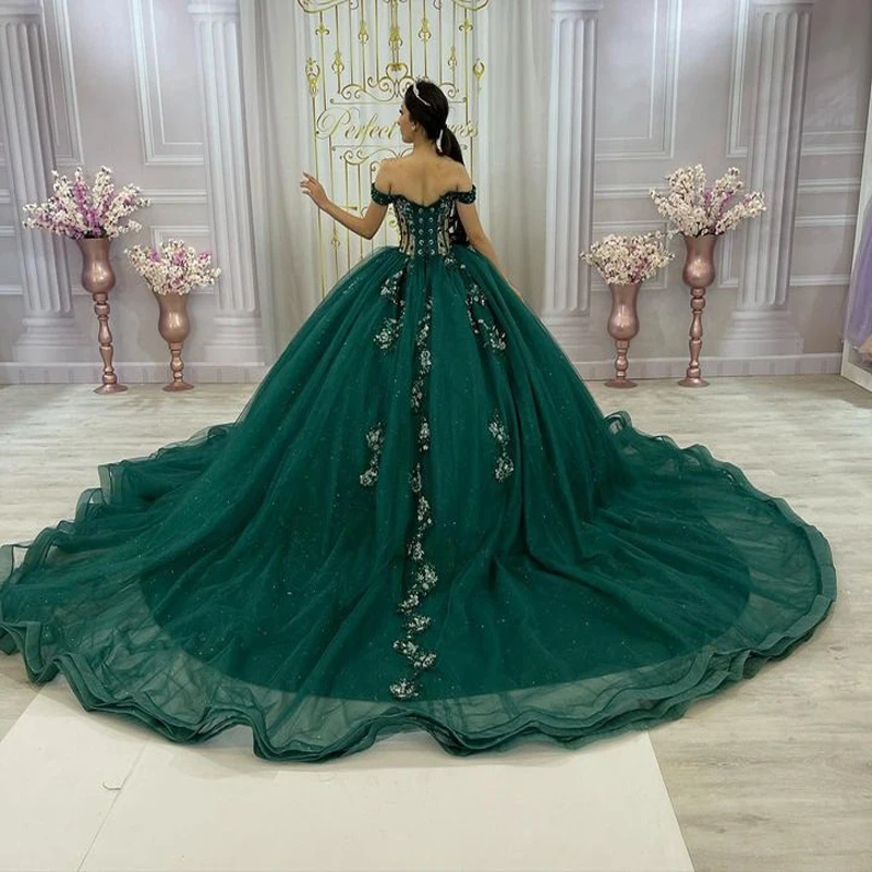 Angelsbridep Luxe Groene Quinceanera Jurken Glinsterende Vestidos De 15 Años Bloemenkralen Kant Formele Feest Prom Baljurk