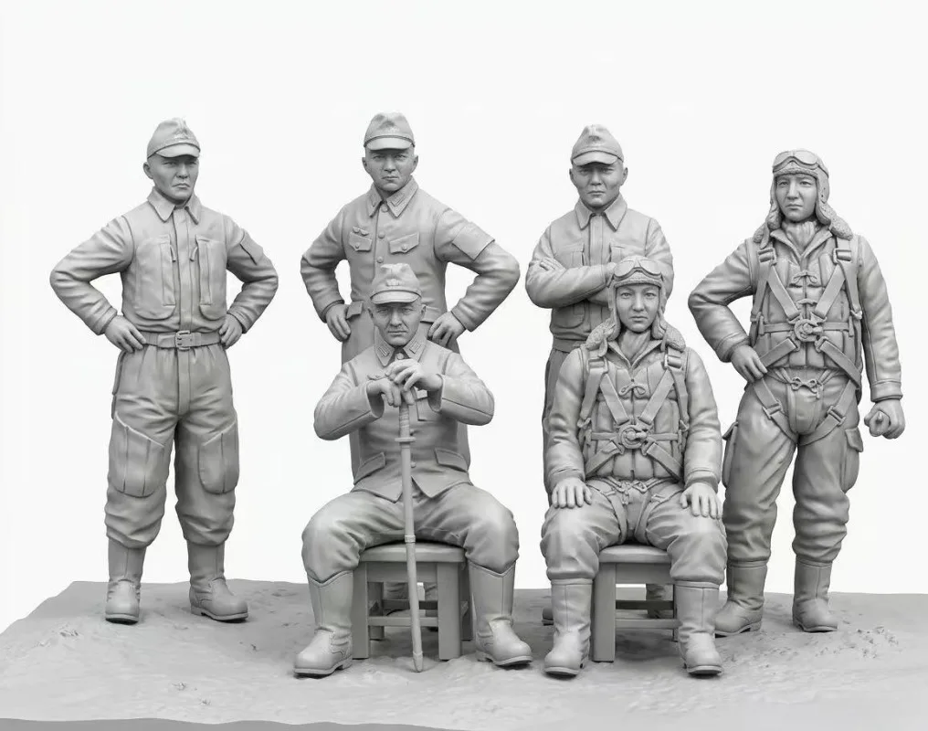 Resin-Soldatenfiguren-Modellbausatz im Maßstab 1:48, historischer Militär-Hobby-Miniaturpilot und Offizier, 6 Personen, unmontiert und unbemalt