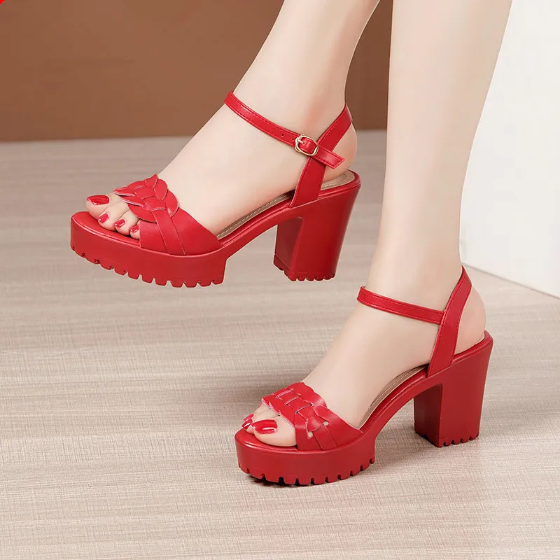 

Plus Size 32-43 Block High Heels Sandals Summer Wedding Shoes 2021 Genuine Leather Sandalias Women Chunky Platform Sandales