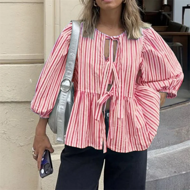 Elegant Stripe Print Bow Lace Up Puff Sleeve Blouse Women Casual Loose O Neck Tops Shirt Fashion New Female Commute Streetwear