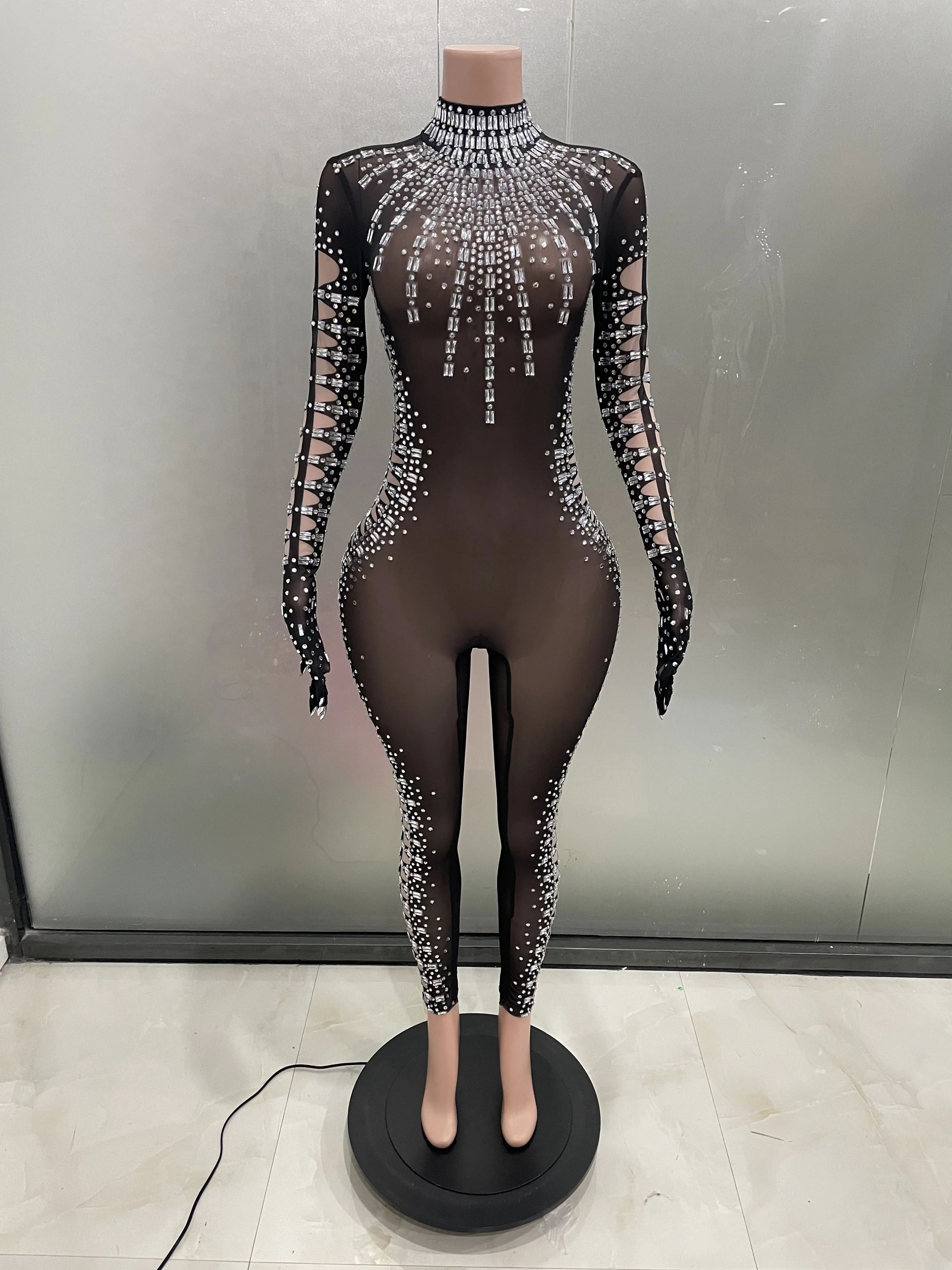 High Quality Sparkly Rhinestones Black Transparent Mesh Gloves Jumpsuit Sexy Celebrate Birthday Prom Stage Photoshoot Bodysuit