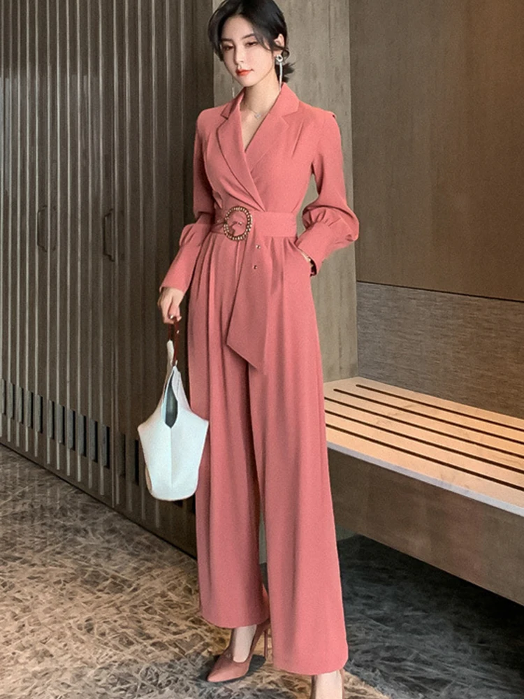 New Summer Elegant Professional Jumpsuit Women Solid Notched Collar Long Sleeve Adjustable Waist Maxi Pants Work Office Rompers