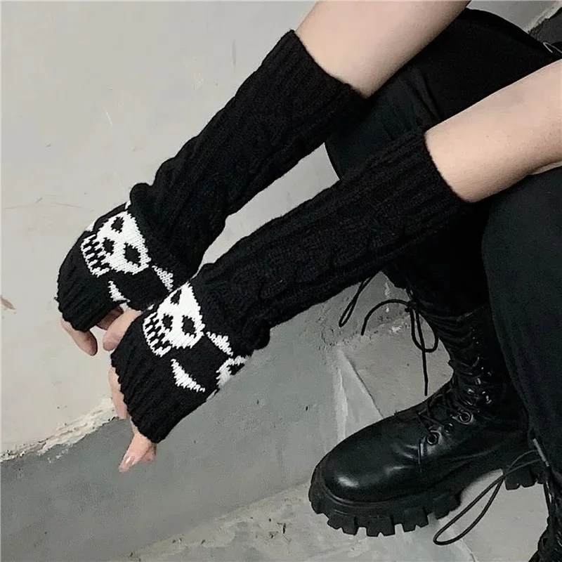 Gothic Knitted Winter Gloves for Women Men Stretch Skull Design Dark Ninja Elbow Length Arm Warmers Hipster Black Long Mittens