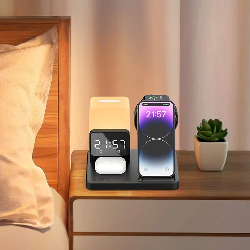 15W 6 in 1 Table Lamps Fast Wireless Charger With Led Alarm Clock Mobile Phone Holders Multifunction Wireless Charging