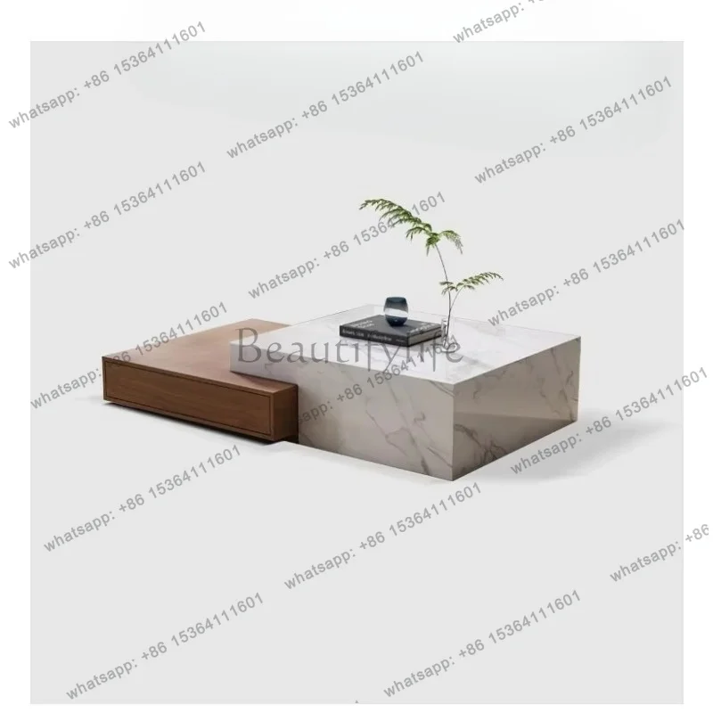 YJ Modern Luxury Travertine Marble Coffee Table for Living Room Extendable Minimalist Retro Walnut Wood Slate Center Table