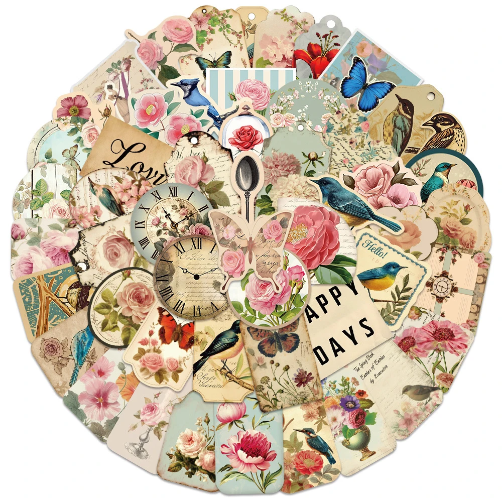 

10/30/50pcs Vintage Paper Label Flower Aesthetic Stickers Cartoon Creative Graffiti Sticker Notebook Suitcase Phone Decals Decor