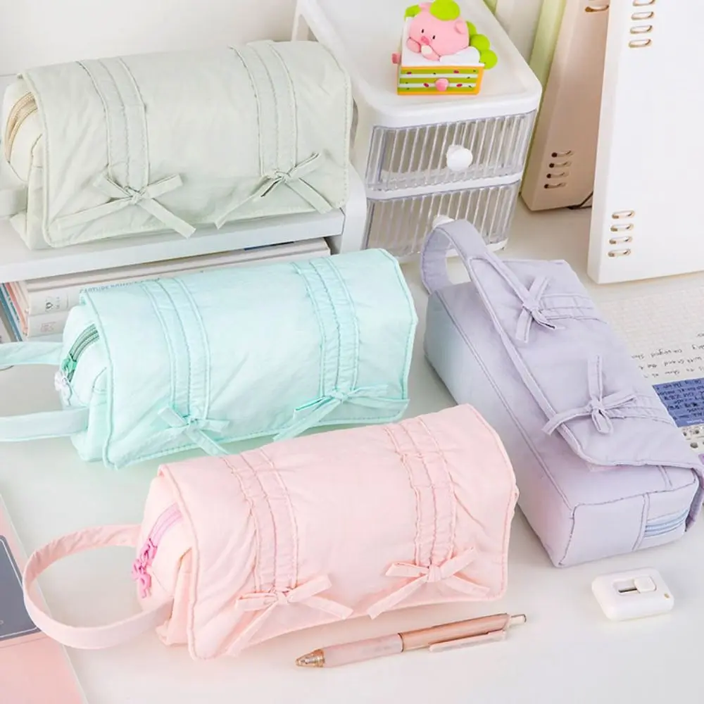 

Save Space Sweet Pencil Case Bow Large Capacity Pencil Pouch Canvas Three Layers Stationery Storage Bag Girl