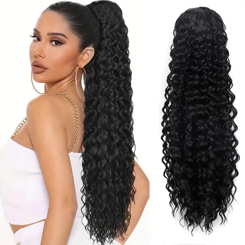 

Long Curly Wave Drawstring Ponytail Extensions for Women False Hair Synthetic Black Deep Curly Ponytail Water Wavy Horse Tail