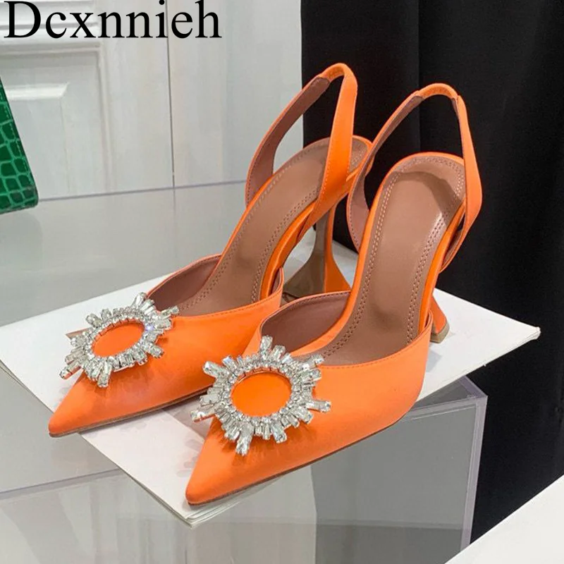 

Pointed Silk Satin Cup High Heel Pumps Women Sunflower Crystal Decor Slingback Sandals Spring Autumn Party Banquet Dress Shoes