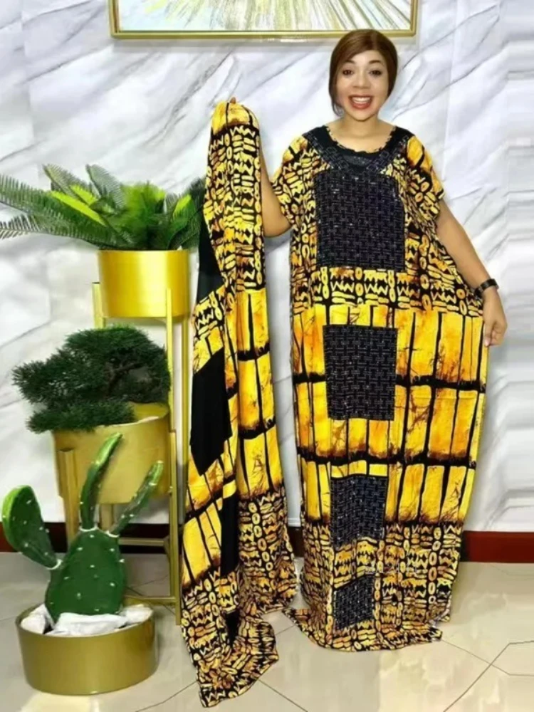 

2025 New Fashion Hot Diamond Scarf Loose Casual Ethnic Bubu Muslim African Summer Abaya Women's Cotton Long Skirt