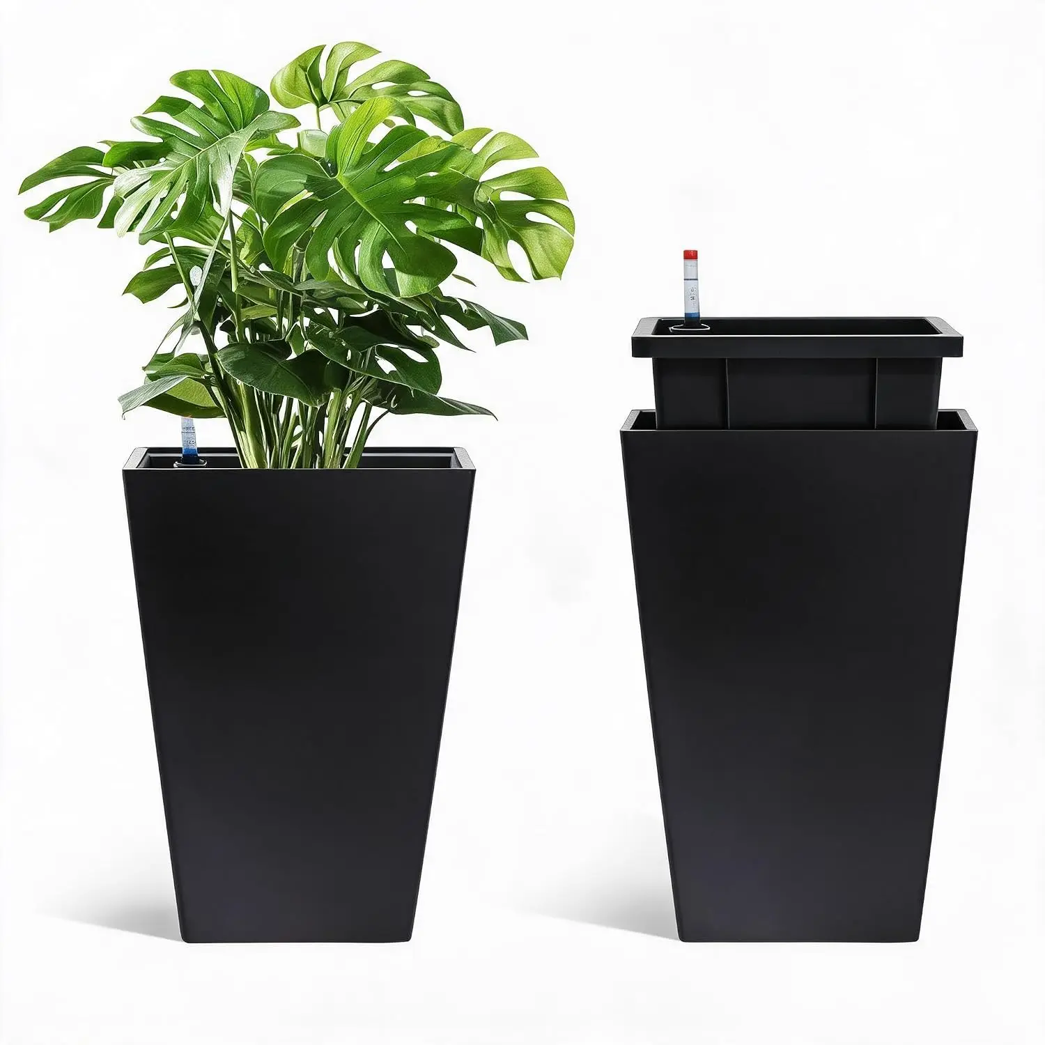 2 Pack 16in Tall Planters with Water Level Monitor & Drainage Holes, 16 Inch Tall Flower Pots for Indoor Outdoor, Modern Large Garden Plant Pots for Patio