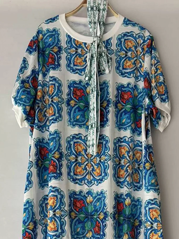 Vestido pulôver retrô com estampa geométrica, gola redonda, verão 2025, camiseta feminina, saia bufante plissada solta e elegante