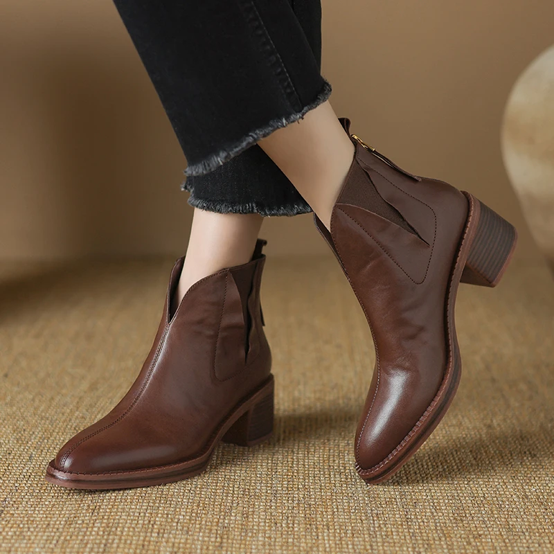 2024 Autumn Women Boots Genuine Leather Shoes for Women Pointed Toe Chunky Heel Shoes Slip-on Ankle Boots Handmade Western Boots