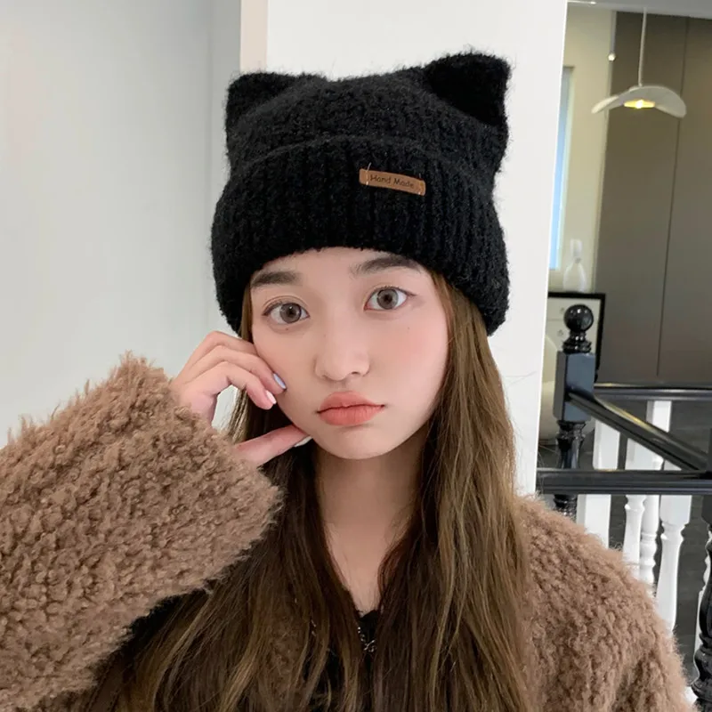 Korean Style Funny Hat Solid Warm Soft Winter Beanies Cap For Women Girls Knitted Label Cat Bunny Ear Autumn Skullies Bonnets