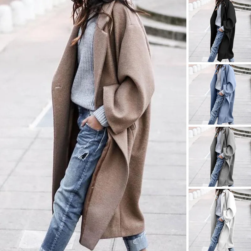 

Women Solid Turn-down Collar Woolen Coats Fashion Long Sleeved Baggy Warm Overcoats Ladies Winter Autumn Elegant Chic Outwears