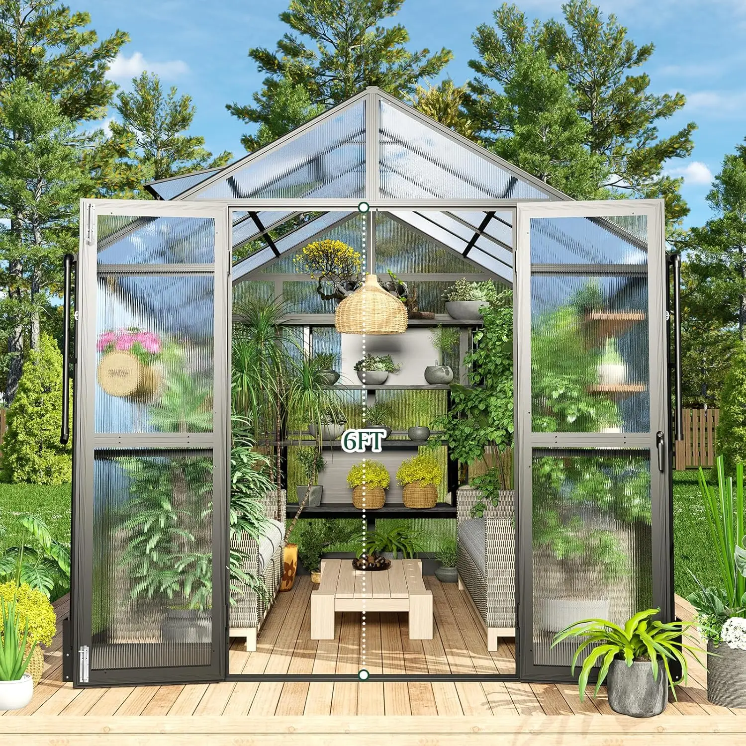 8x10x7.5 FT Polycarbonate Greenhouse Double Swing Doors 2 Vents 5.2FT Added Wall Height,Walk-in Large Aluminum Greenhouse