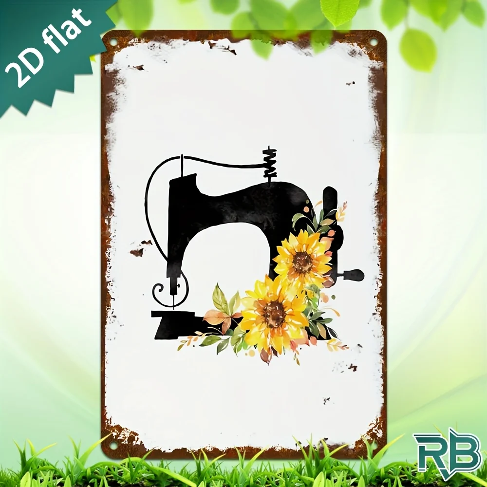 New Trendy HD Metal Wall Art - Vintage Retro Sewing Machine with Sunflower Watercolor Floral Design, 2D Flat Grunge Illustration