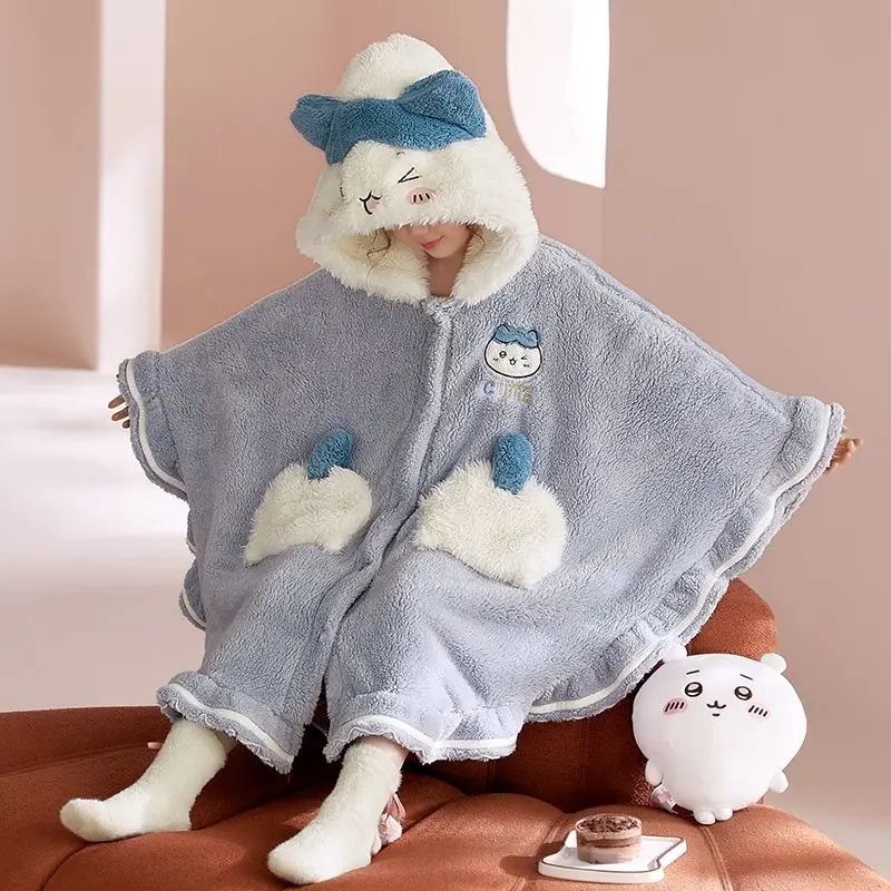 

Kawaii Anime Chiikawa Hachiware Children Hooded Nightgown Pajamas Girl's Cloak Winter Velvet Thicken Pajamas Casual Home Clothe