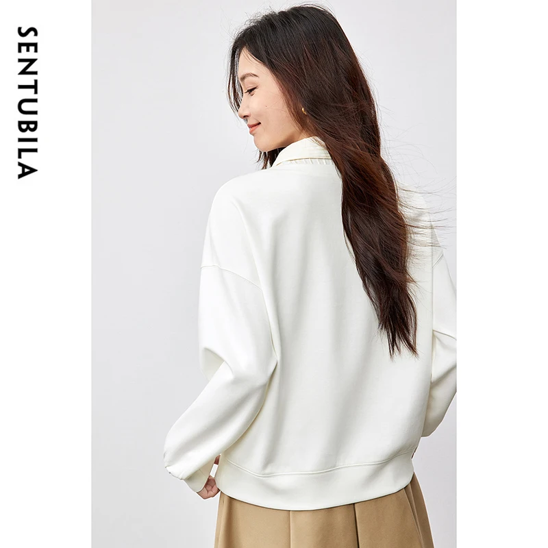 SENTUBILA Bow Embroidery Womens Sweatshirt 2025 Spring Cotton Loose Casual Patchwork Shirt Collar Long Sleeve Pullover 151A58760