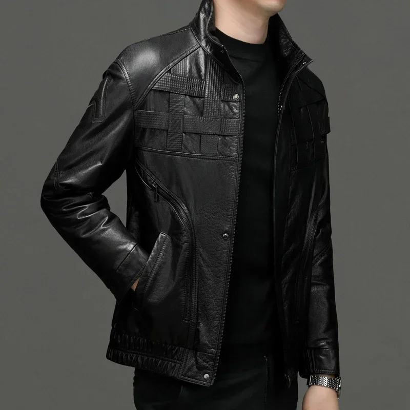 Autumn and Winter New Fashion Business Men's Casual Leather Outerwear Windproof Trend Down Jacket Stand Collar Cowhide Coat