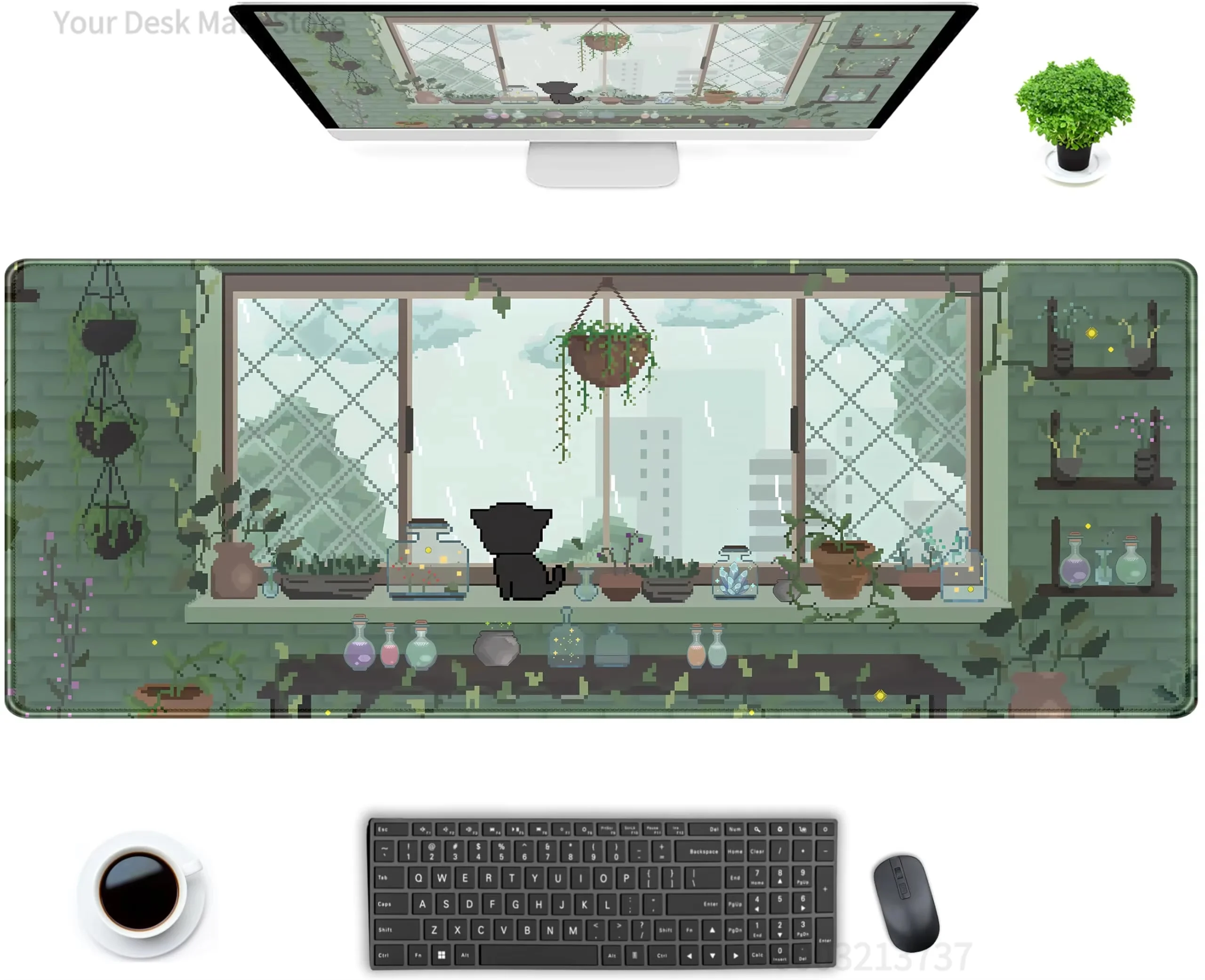 Retro Pixel Style Indoor Plant Window Sill Kitten Illustration Mousepad Waterproof Non-Slip Calming Rainy Day Laptop Mouse Pad