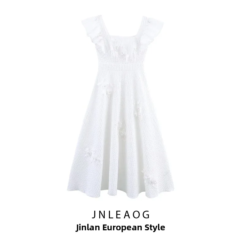 Ele Texture Floral Decorated 3D Dr Spring New Women's Faion High Waist Fairy Skirt Polyester Fiber Svel Dr