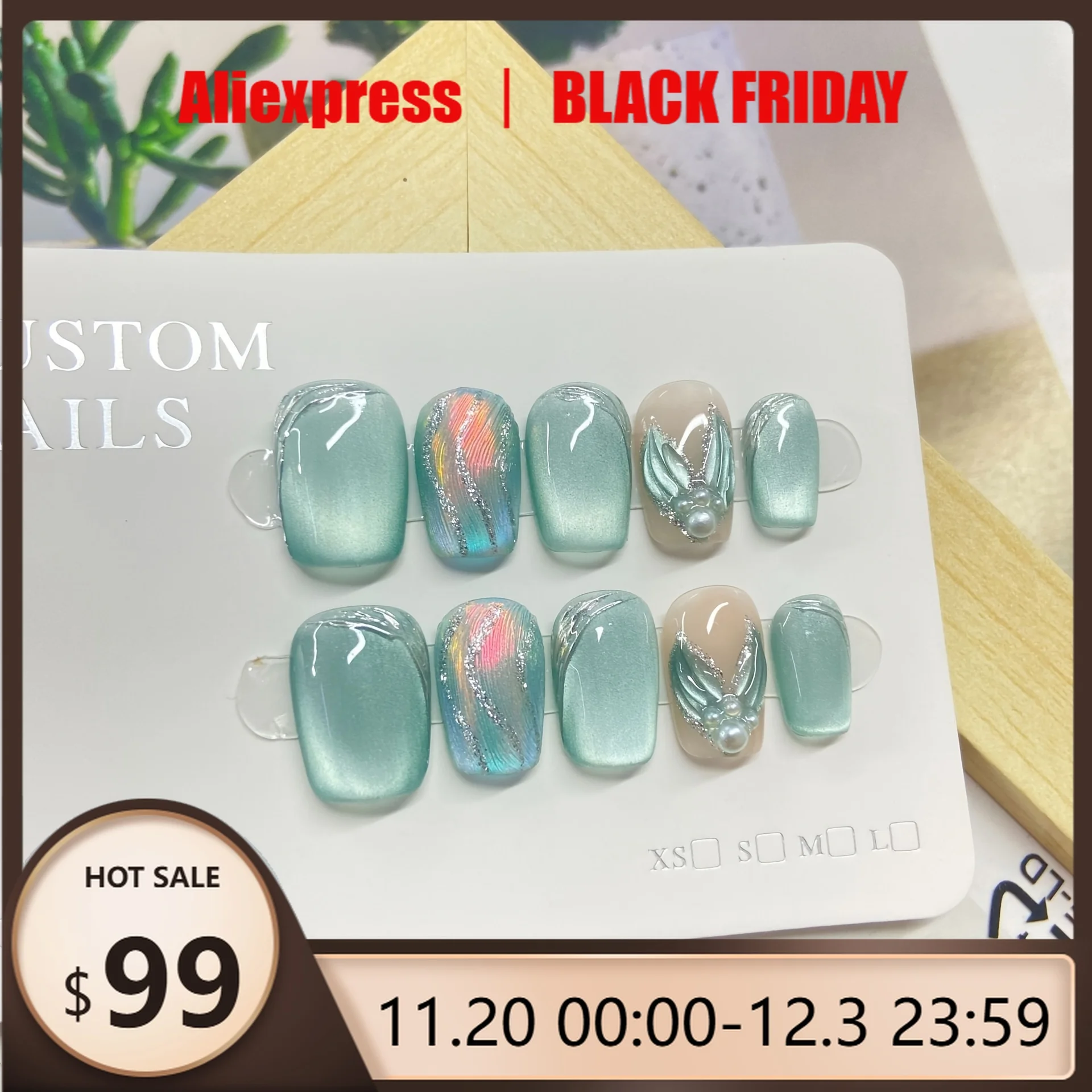 

10pcs Handmade Press Nails Mints Summer Cyan Cat's Eye Vegetable Color Design False Nail for Women&Girl Detachable Wearable Nail