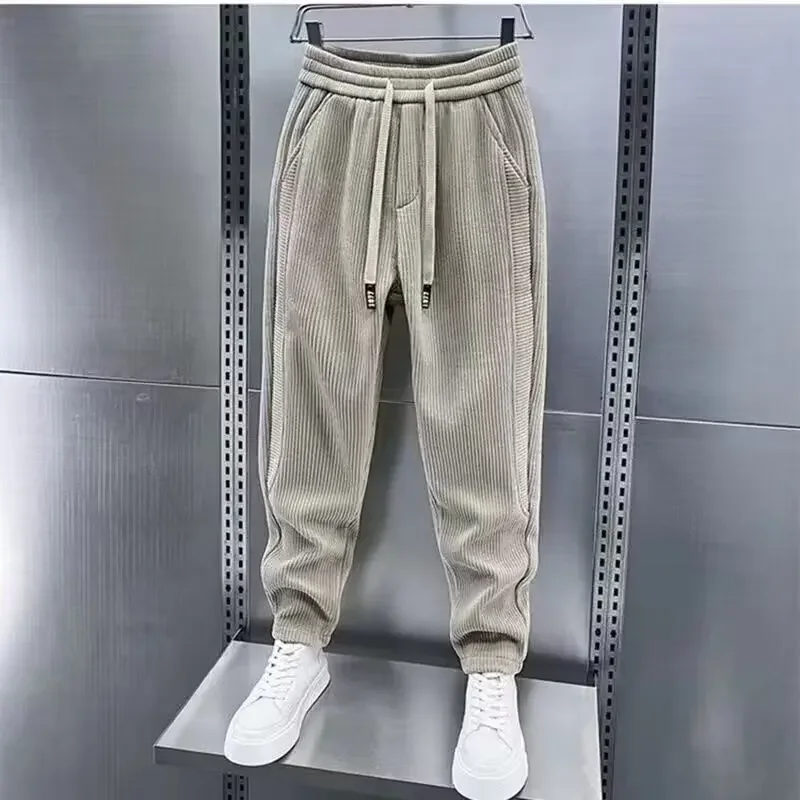 

2024 Spring New Men's Corduroy Loose-Fit Casual Pants Korean Style Fleece-Lined Sports Trousers Fashionable Ankle-Length
