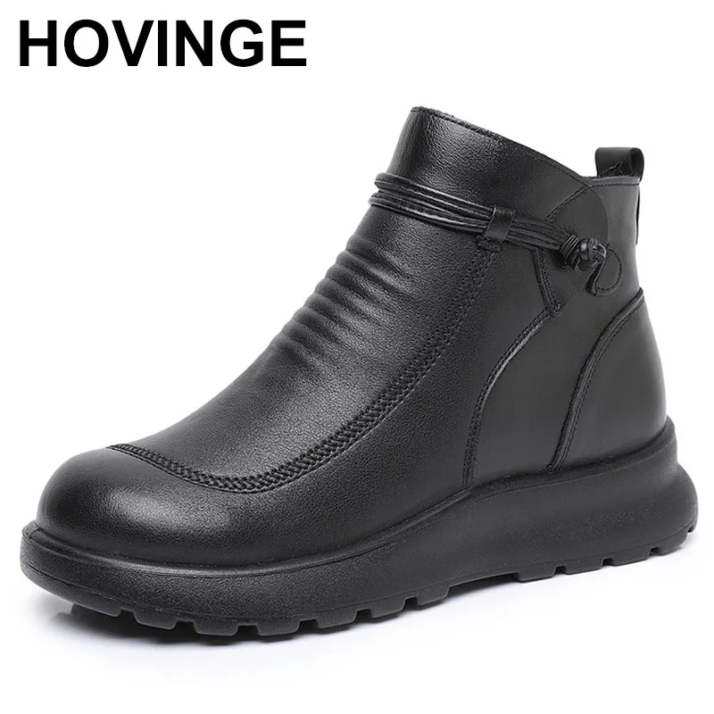 

Women's Ladies Mother Female Genuine Leather Ankle Shoes Platform Boots Winter Fur Plush Round Toe Non Slip Hook Loop