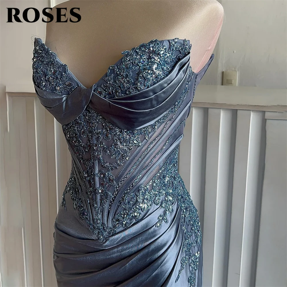 

ROSES Slate Blue Evening Dress Ruffled Party Dresses Appliques Satin Mermaid Prom Gown Sparkling Beads robes du soir Customized