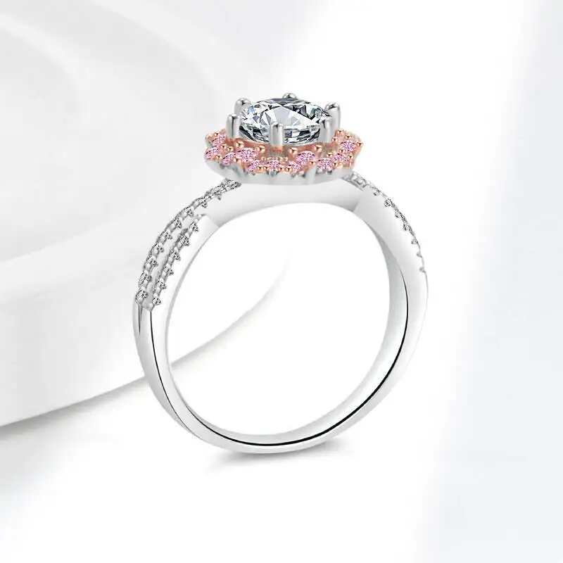 925 Sterling Silber Blumen-Doppelhalo-Twistband-Ring Mehrfarbiger D VVS1 Moissanit Verlobungs-Hochzeits-Party-Geschenk Feiner Schmuck – Detail 13