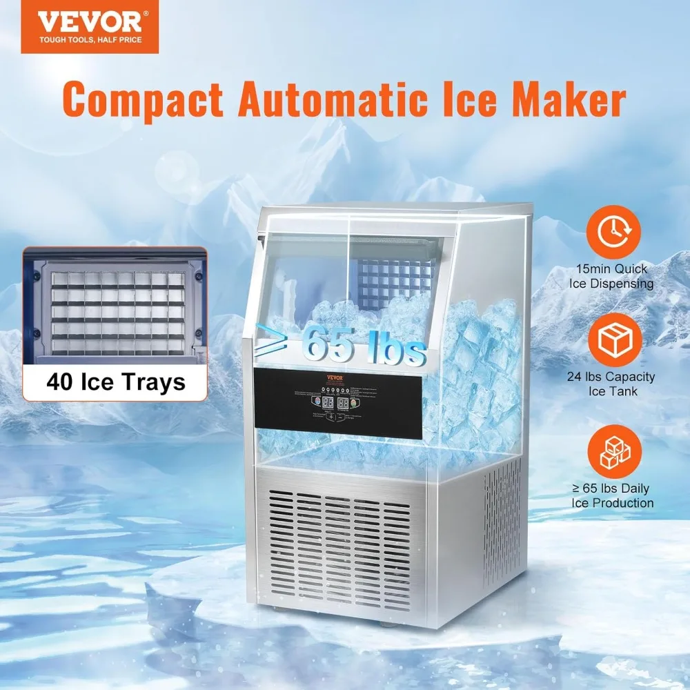 Ice Maker Machine, 65LBS/24H Ice Maker Machine with 24LBS Bin, Stainless Steel Construction,