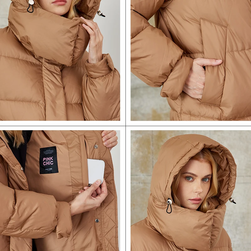 CHIC rosa-parka longa com cadarço com capuz para mulheres, casaco aconchegante e quente, moda feminina casual, inverno, W8258, 2023