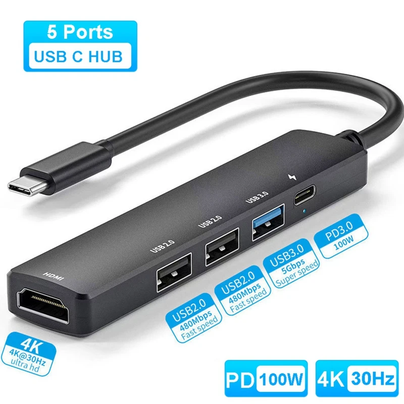 5-In-1 USB Docking Station USB Hub PD 100W 4K 30Hz USB 3.0 USB2.0 USB C HUB Splitter For PC Laptop Computer