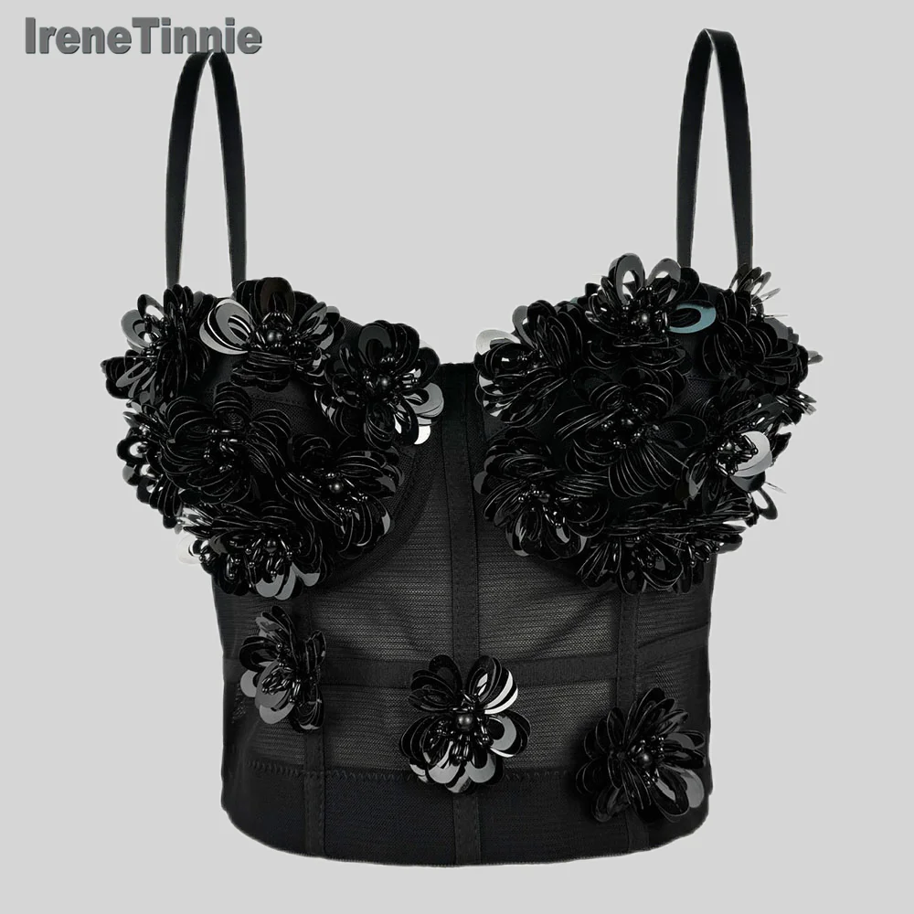 IRENE TINNIE Short Crop Top Exaggerated Embroidery Bustiers Sexy Corset Sequin Tank Top Women's Binder Bra, 2025 Fashion