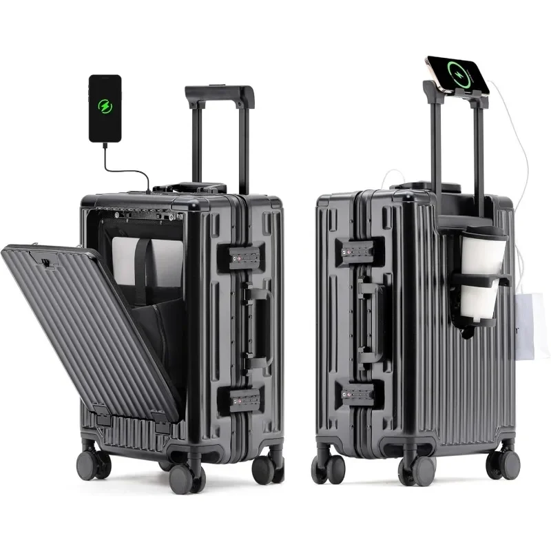 20 Inch Carry On Luggage with Cup Phone Holder and Laptop Compartment, PC Hard Shell Suitcase