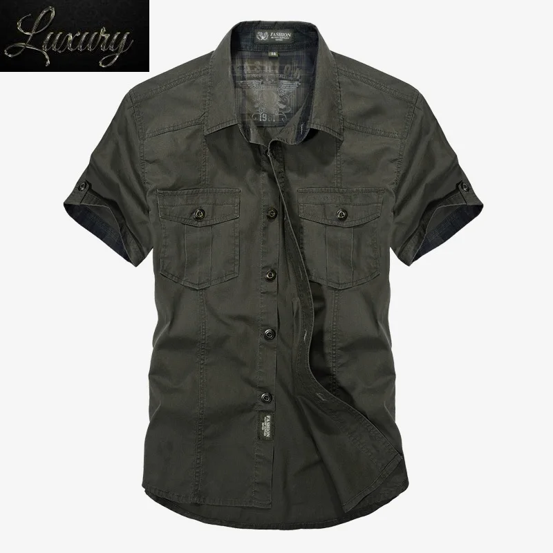 

Military Shirt Men Cotton Tooling Casual Short Sleeve Loose Army Pockets Breathable Dress Male