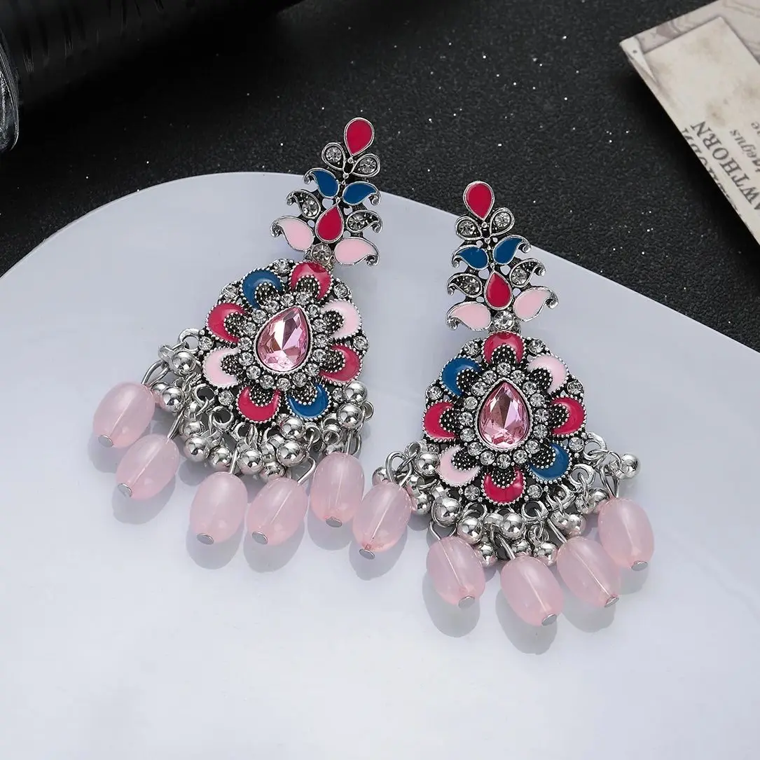 Exquisite Retro Emaille Blume Ohrringe Frauen rosa Strass lange Quaste Zirkon Ohrring Hochzeits feier ethnischen Schmuck neu