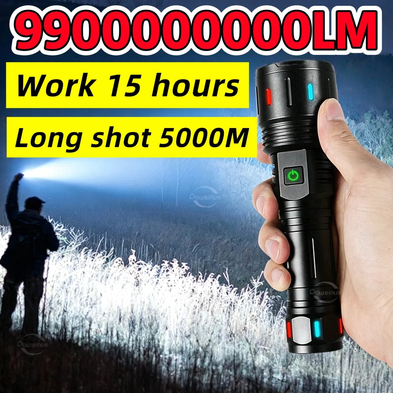 9900000000LM Super Bright Flashlight Type-C Rechargeable Zoomable Flash Light Tactical Torch Long Shot 5000M For Fishing Hiking