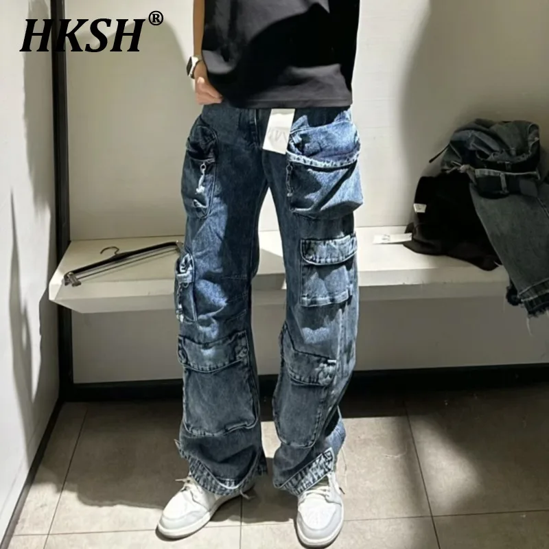 

Shi Męskie spodnie jeansowe HKSH w stylu safari Kieszenie na zamek błyskawiczny Dżinsy taktyczne Jesień Casual Kombinezon z szerokimi nogawkami High Street Chic HK0832