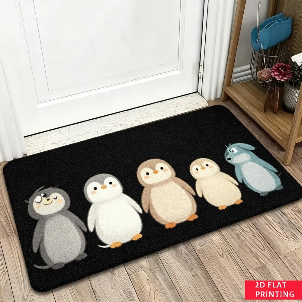 Penguin Lineup Black Floor Mat Cute Bird Row Pattern Print Non Slip Absorbent Doormat For Winter Animal Lover Home Entrance