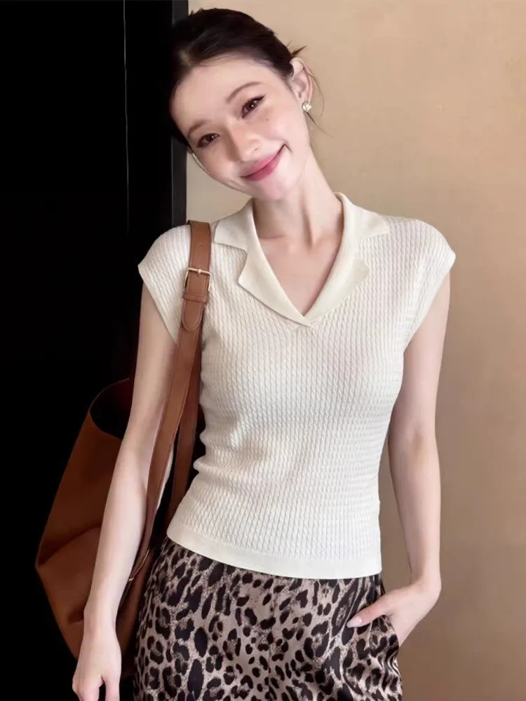 

Korean Style Slim Fit Short Sleeve Knitted T-Shirt Women's Summer New Style V-Neck Breathable Soft Ice Silk Fiber Top