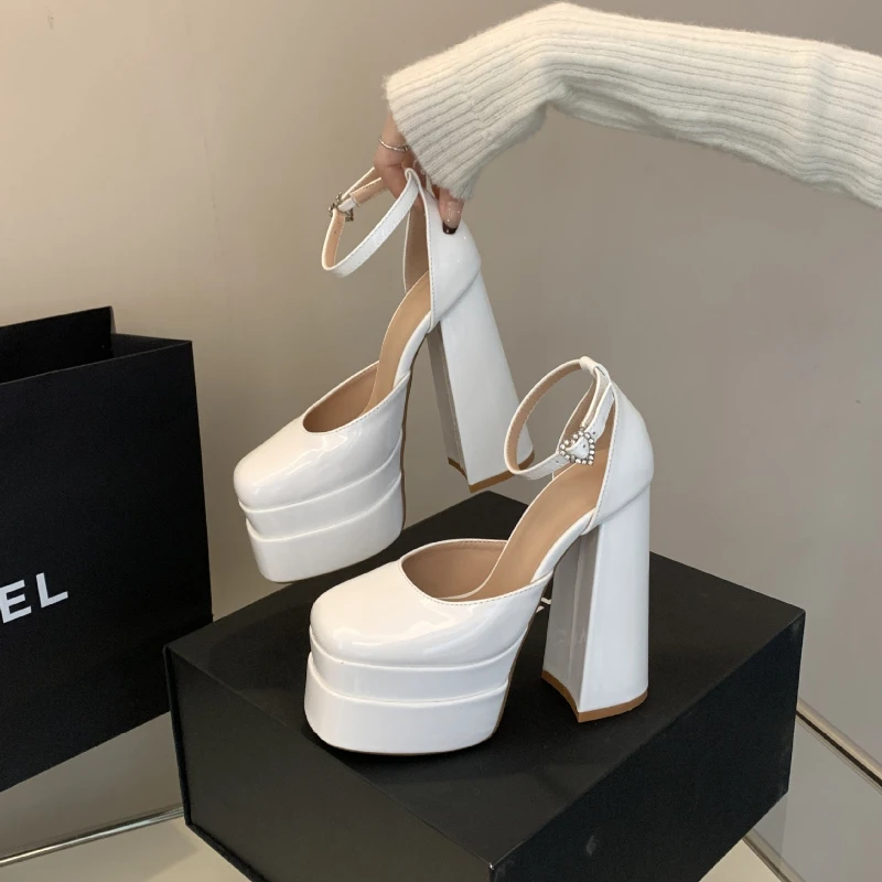 

2025 New Spring And Autumn Large Size 14CM High Heel Square Toe Sandals Patform Buckle Diamond Belt Women's Pumps