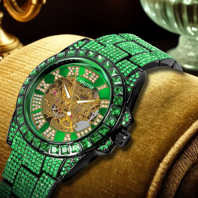 A Men's Green Steel Strap Luxury Trendy Analog Delicate Pinion Automatic Mechanical Watch